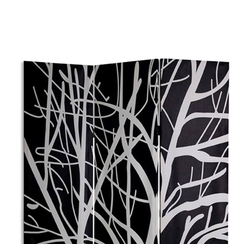 3 Panel Canvas Room Divider with Branch Pattern, Black and White