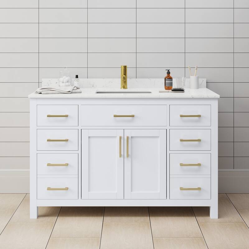 Wyndham Collection Beckett 54" Free Standing Single Basin Vanity Set - White / Carrara Cultured Marble Top / Brushed Gold