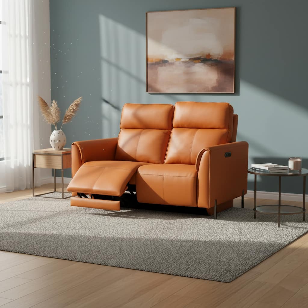 Modern Orange Loveseat with Power Recliners and Head Control