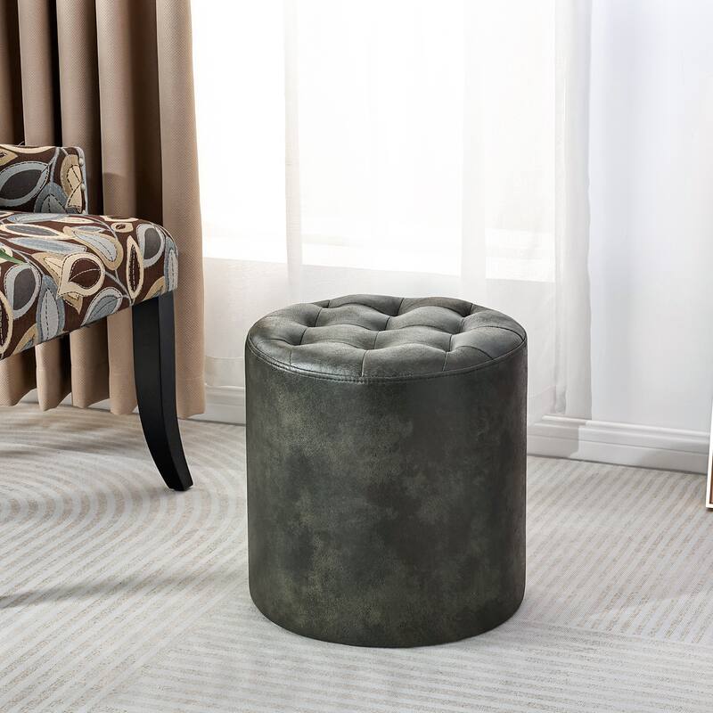Adeco Round Ottoman Upholstered Tufted Faux Leather Footrest
