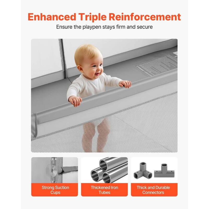Grey Rectangular Large Baby Playpen with Mesh Sides for Toddlers 6-24 Months - 81.1” x 60.83” x 25.59”