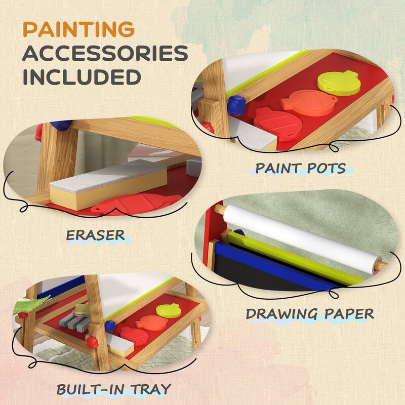 Adjustable Height Wooden Kids Art Easel with Whiteboard and Blackboard Paper Roll Storage Space - 24" W x 18.5" D x 44.5" H