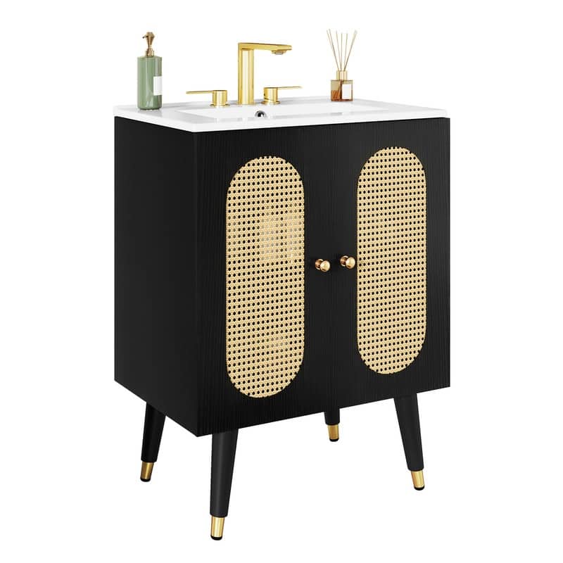 Moasis 24" Bathroom Vanity with Ceramic Sink, Rattan Double Door Cabinet and Drawer, Freestanding Solid Wood Legs