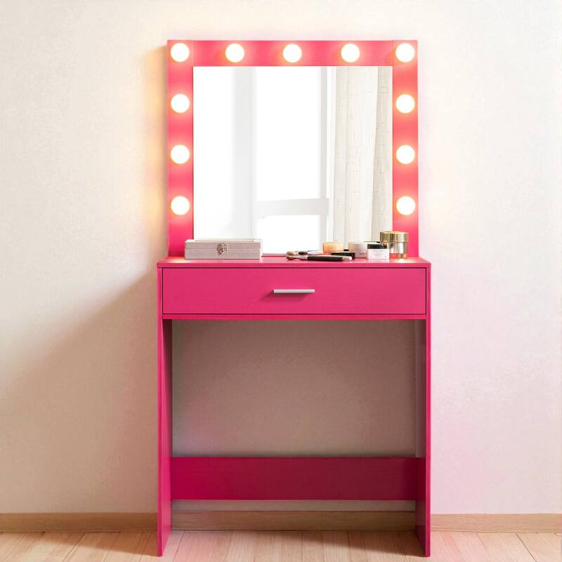 Makeup Vanity Desk with Mirror and LED Lights, Large Drawer, Adjustable Brightness and Storage Shelf - Pink