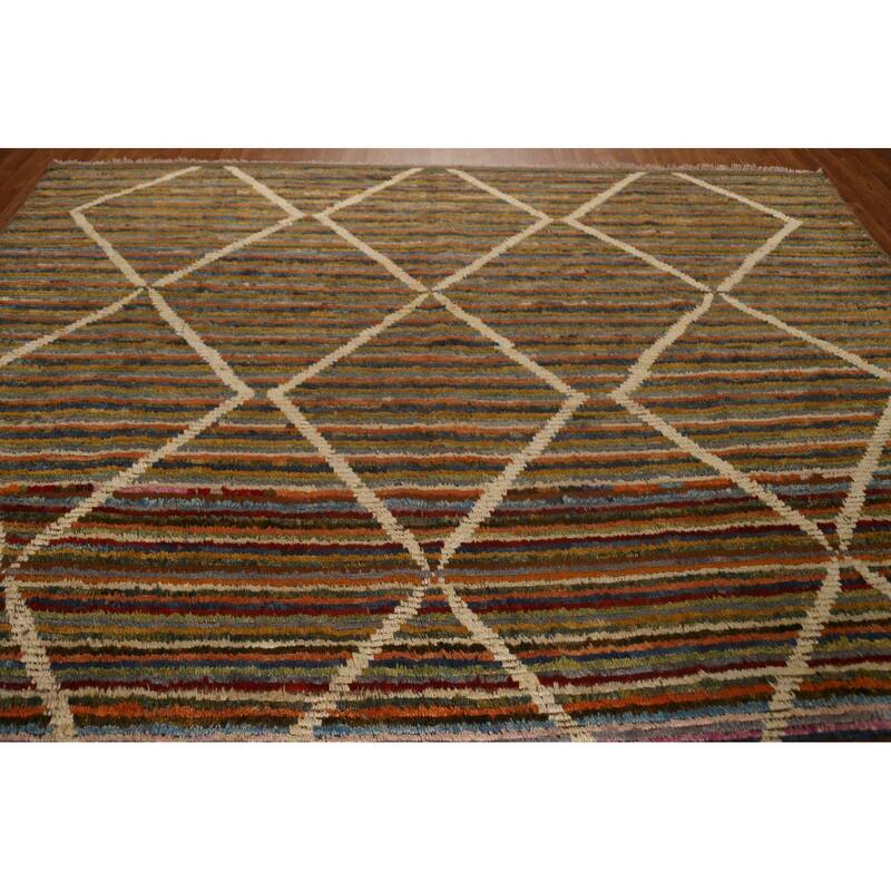 Hand Knotted Oriental 100% Wool Carpet Modern Stripe Multi-Colored Moroccan Area Rug - 13' 0'' X 9' 7''