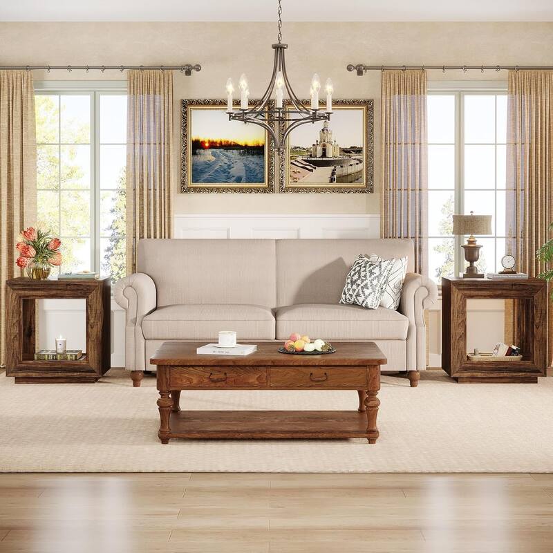 24" Rustic 2-Tier End Table, Side Table with Storage Shelf, Sofa Nightstand for Living Room, Bedroom, Entryway