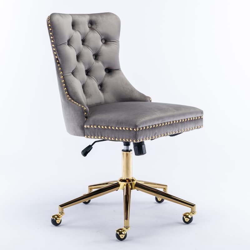 Roomfitters Velvet Tufted Office Chair, Adjustable Swivel Desk Chair with Gold Metal Base, Nailhead Trim Vanity Chair