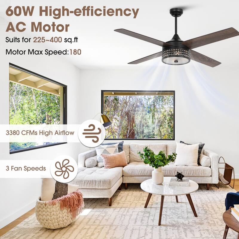 52" Matte Black Modern Crystal Ceiling Fan with Light and Remote Control - 52 in. D x 52 in. W x 15.25 in. H