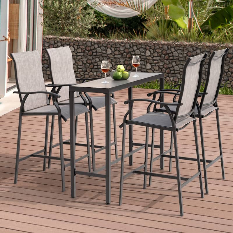 Outdoor Iron Rectangular Bar Table with 3D-Print Tempered Glass Tabletop, Black and Gray