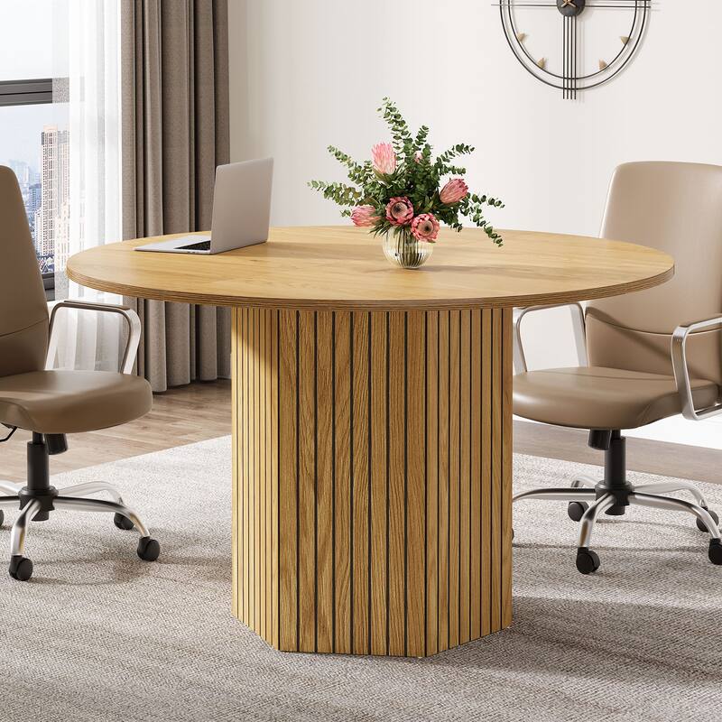 Round Conference Table, 47-Inch Wood Modern Meeting Table - Brown