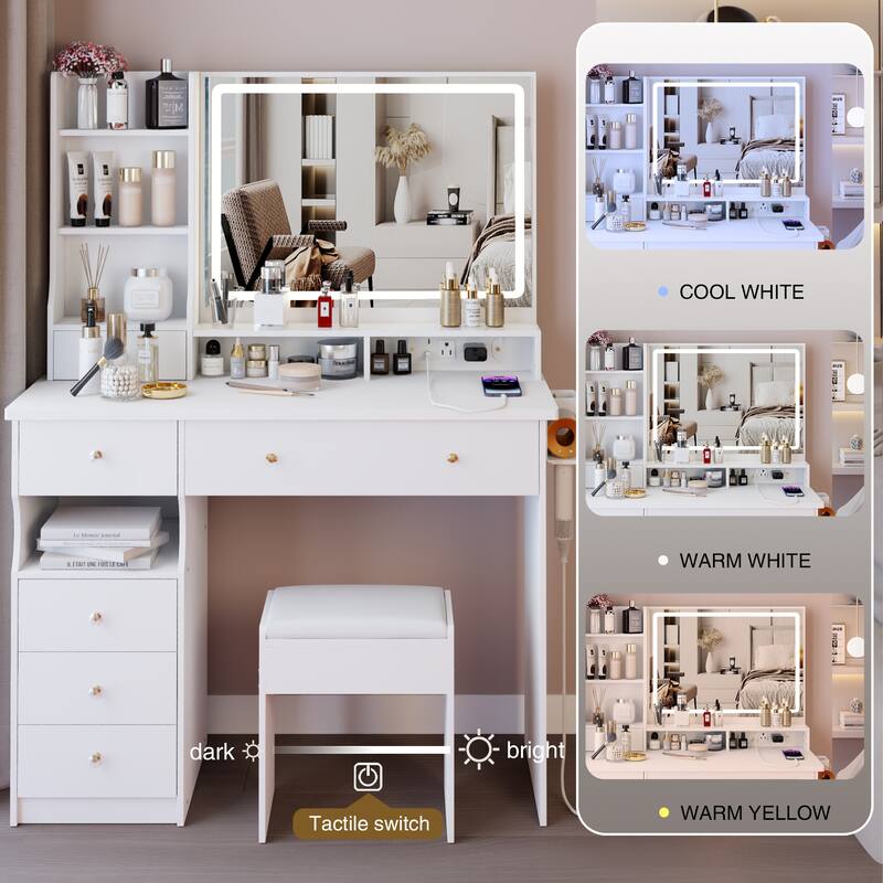 41" Large Size Left Drawer Desktop Vanity Table + Cushioned Stool Dresser Set, 2 AC+2 USB Power Station, Hair Dryer Stand