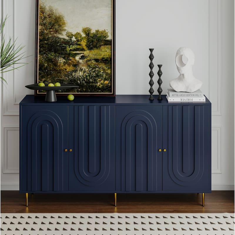 60" Modern Blue/ Grey Lacquered 4 Door Wooden Sideboard Buffet Server Accent Storage Cabinet - Blue
