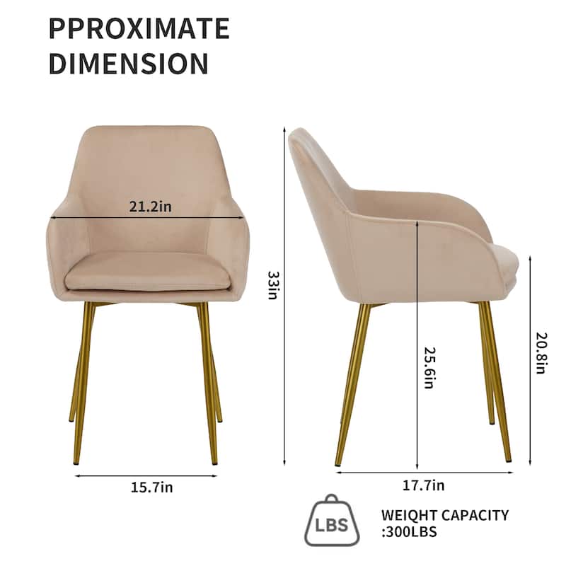 Velvet dining chair set, 2 pieces, dining chairs with gold metal legs, modern padded dining chairs suitable for dining rooms