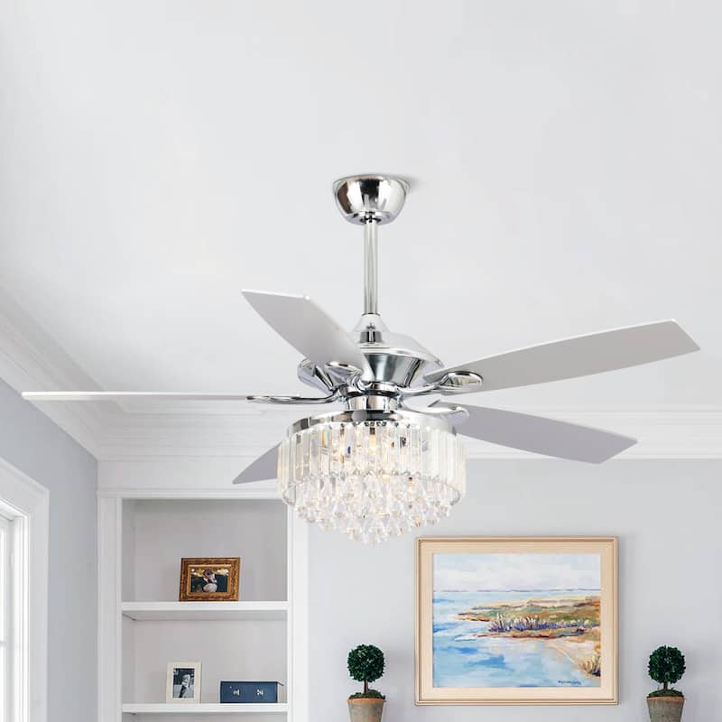 52" Chrome Downrod Mount Crystal Chandelier Ceiling Fan with Light and Remote Control - 52 in. W X 52 in. D X 20.5 in. H