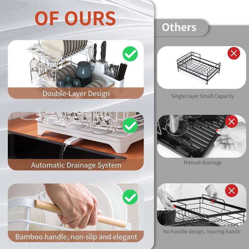 Double-Layer Dish Rack with Bamboo Handle