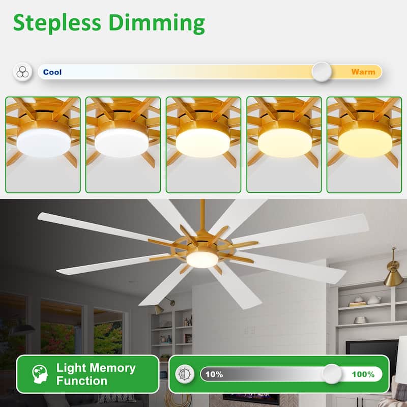 Modern 72 Inch 8 Blade Outdoor large Ceiling Fans with Lights: Dimmable Indoor Reversible 6 Speed Quiet DC Motor