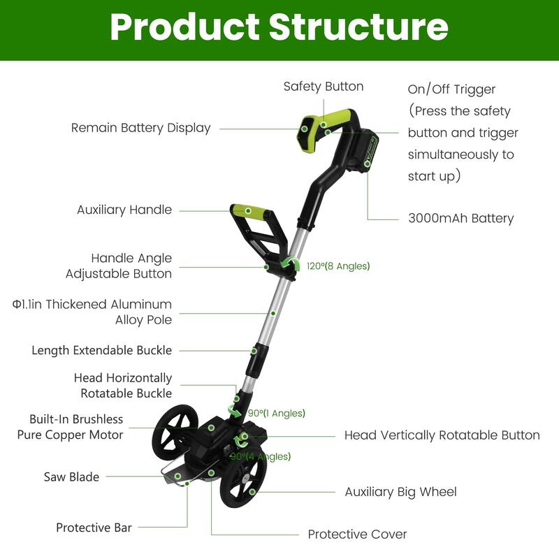 21V Cordless Brushless Grass Trimmer with 3 Blade Types and Adjustable Pole Dual Wheels - 7.68” x 4.33”
