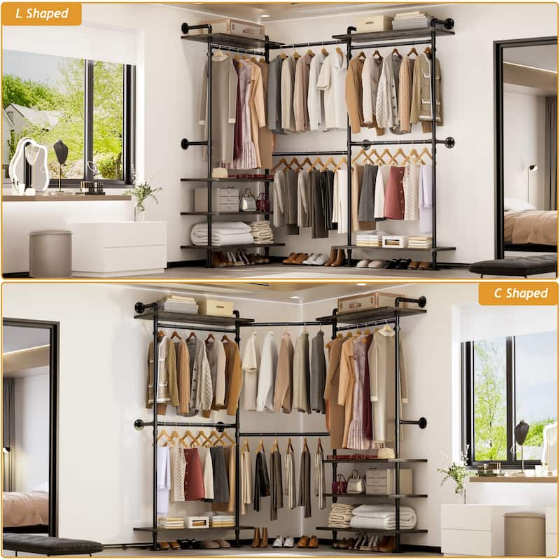 Expandable Industrial Pipe Clothing Rack with 6 Open Shelves,Adjustable Walk-in Closet Organizer System Garment Rack