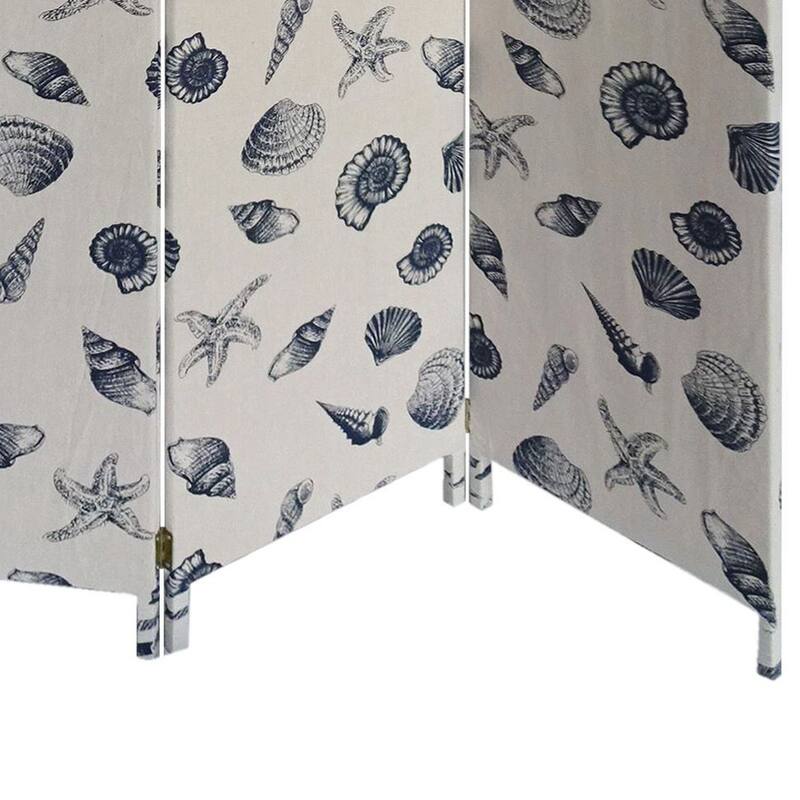 71 Inch 3 Panel Fabric Room Divider with Seashell Print, Blue