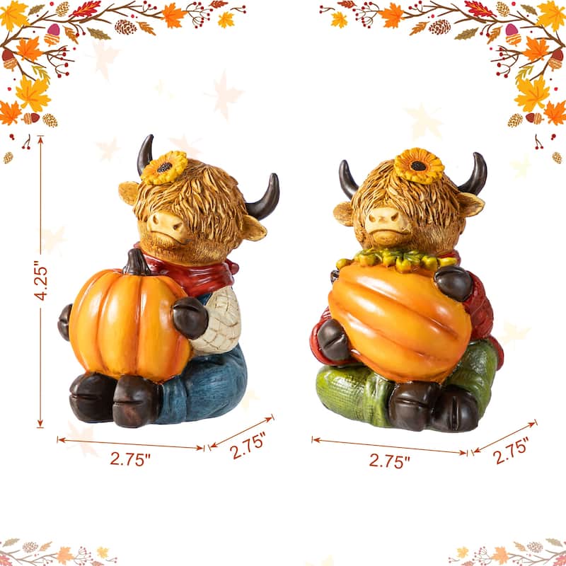 Glitzhome 2-Piece 4.25" H Thanksgiving Handcrafted Highland Cow Figurines Resin Table Decor - 36"H