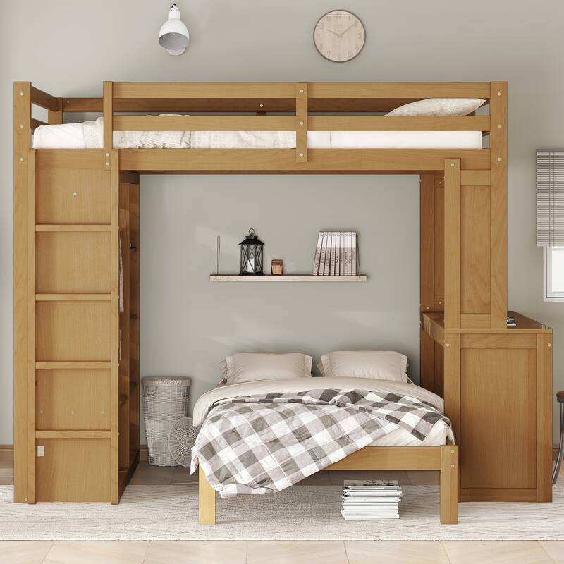 Solid Wood Bunk Bed with Built In Desk, Shelves and Wardrobe, Can be Converted into Loft Bed and Platform Bed - Natural - Full