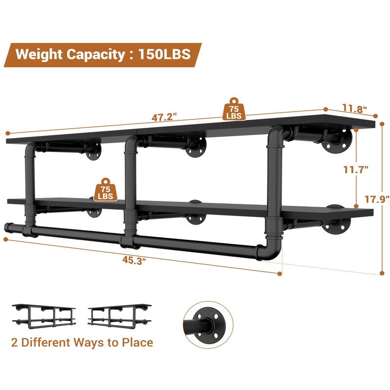 Floating Pipe Heavy-Duty Garment Rack, Wall-Mounted Closet Organizer with Storage Shelves