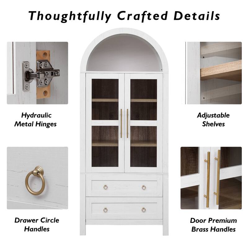 Arched Pantry Cabinet with 2 Drawers, Multifunctional Wooden Sideboard, Storage Cabinet with Adjustable Shelves & Glass Door