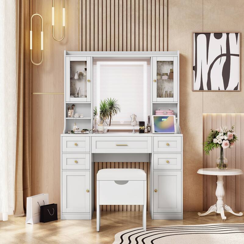 Makeup Vanity Desk with Lighted Mirror & Charging Station, Large Vanity Table Set with Drawers & Storage Stool for Bedroom