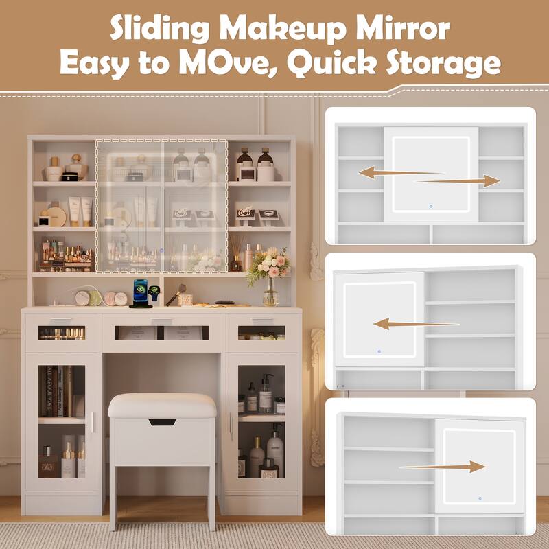 41.3" Makeup Vanity with Sliding Mirror and LED Lights, Dressing Table with Storage Stool, 3 Drawers and 2 RGB Cabinets