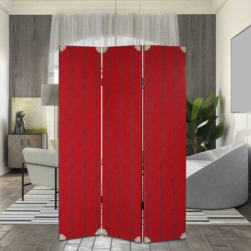 Transitional 3 Panel Wooden Screen with Nailhead Trim, Red