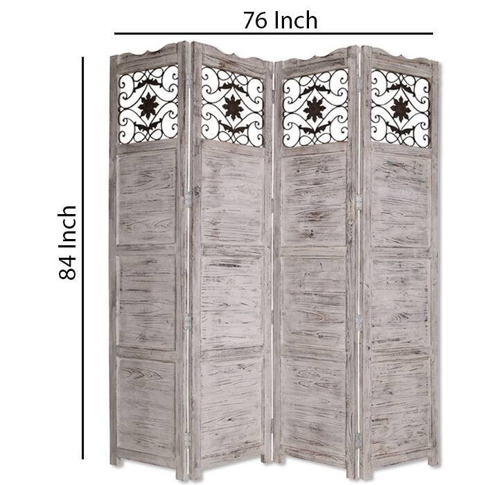 Wooden 4 Panel Screen with Textured Panels and Scrolled Details, White