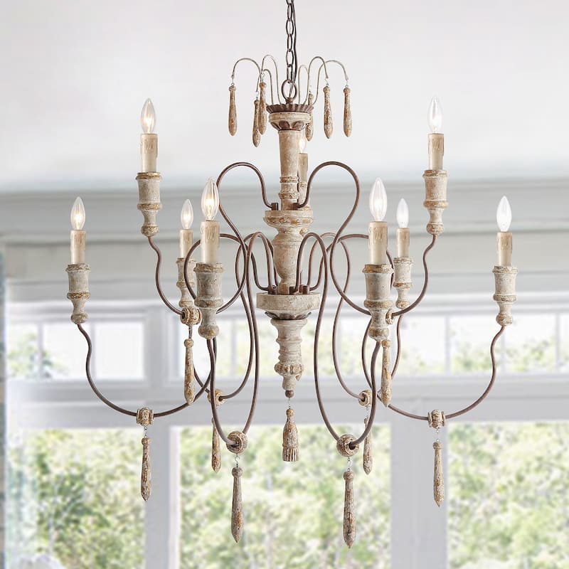 The Gray Barn Farmhouse Wood Chandelier French Country Classic Lights - 9-light D39" x H38.1"