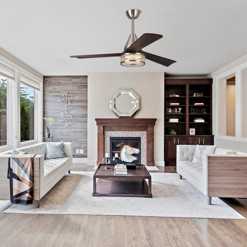 52" Indoor Semi Matte Nickel Downrod Mount Chandelier lED Ceiling Fan with Remote Control - 52" W x 52" D x 15.7" H