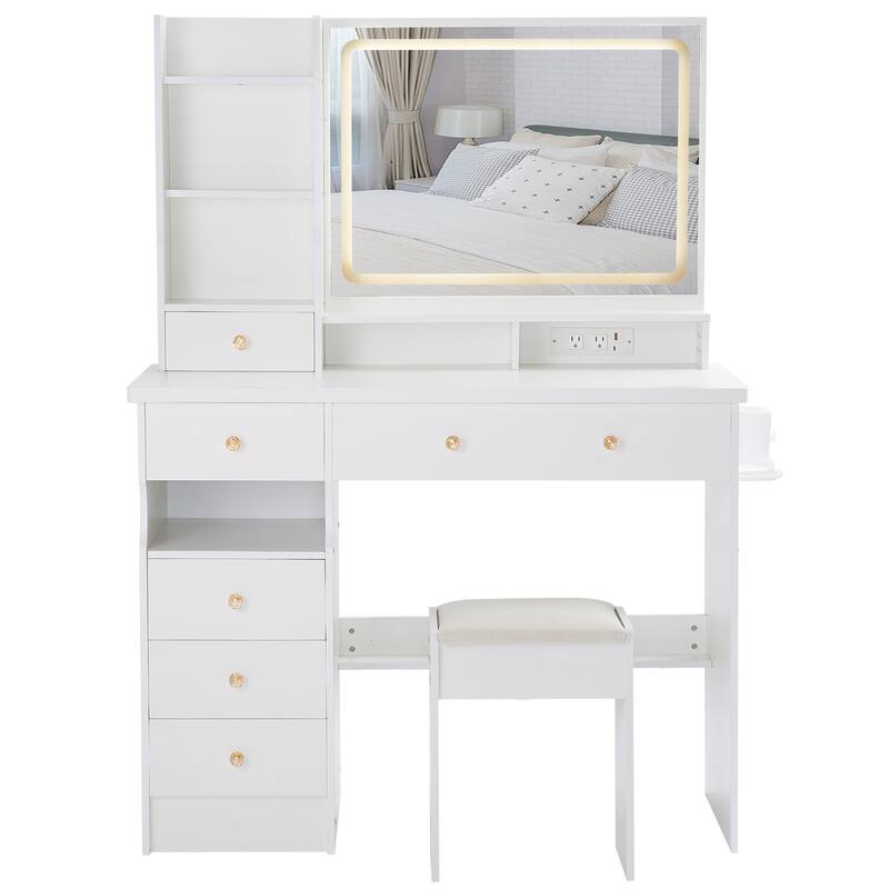 41" Large Size Left Drawer Desktop Vanity Table + Cushioned Stool Dresser Set, 2 AC+2 USB Power Station, Hair Dryer Stand