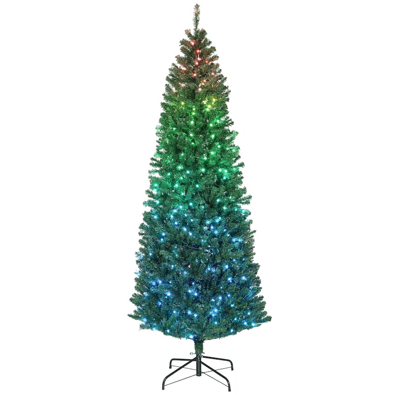HOMCOM 7ft Prelit Xmas Tree: Colorful LED, Remote, 12 Modes, Timer, Slim Fir, Green