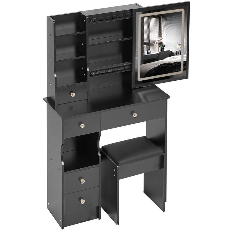 29.2" Small Size Left Drawer Desktop Vanity Table + Cushioned Stool, Large Sliding, Touch Control, Tri-color Switching
