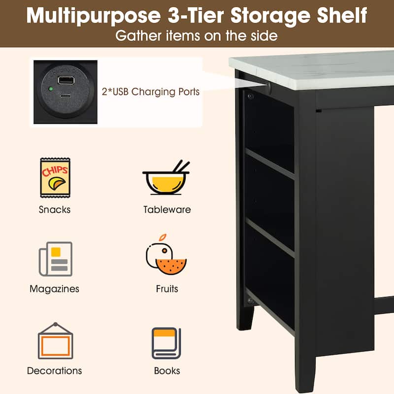 Black Bar Table and Chairs Tall Kitchen Breakfast Nook with Stools, Storage Shelves