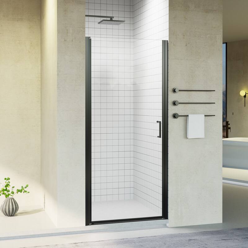 30/32/34" W x 72" H Semi-Frameless Pivot Shower Door, 6mm Tempered Glass, Matte Black Reversible Swing Panel - 34x72"