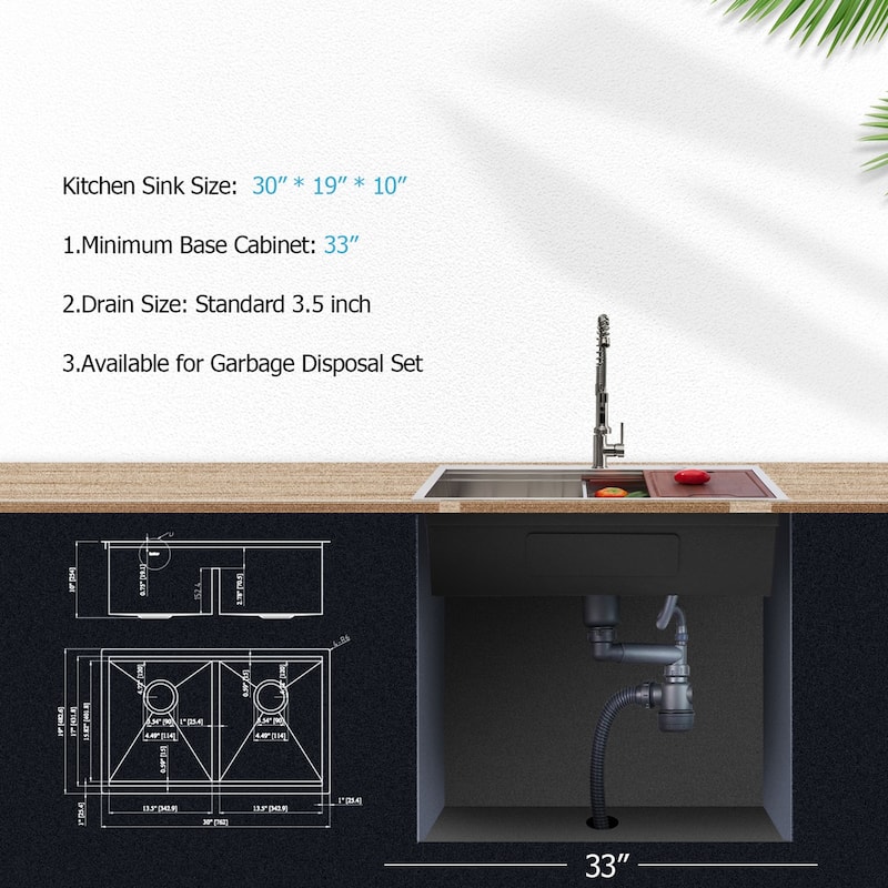 30-inch Undermount Kitchen Sink Low Divide Double Bowl 50/50 Prep Workstation Sink 16 Gauge Stainless Steel Kitchen Sink Basin