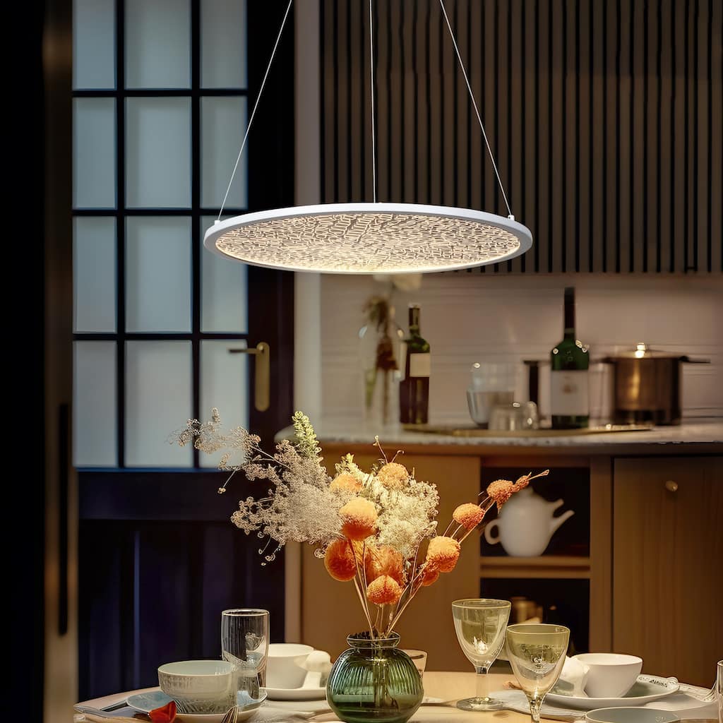 Modern 1-Light White Round LED Chandelier Minimalist Pendant Lights for Dining Room - 17.5" D x 61.5" H
