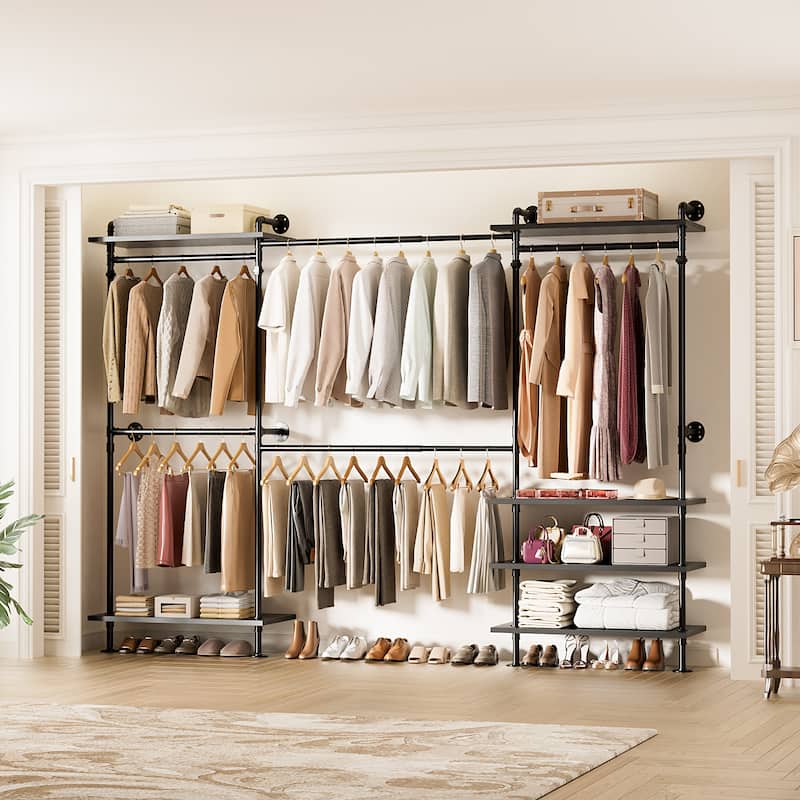 Expandable Industrial Pipe Clothing Rack with 6 Open Shelves,Adjustable Walk-in Closet Organizer System Garment Rack - Black
