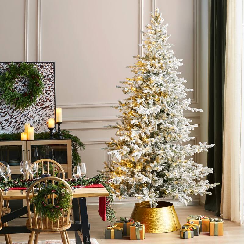 Glitzhome 7.5ft/9ft Pre-Lit Flocked Full Fir Artificial Christmas Trees with Foot Pedal