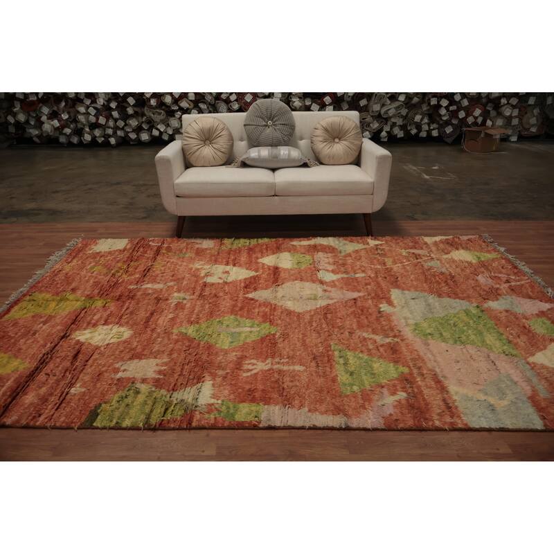 Hand Knotted Oriental 100% Wool Carpet Modern Tribal Oranges & Rust Moroccan Area Rug - 9' 11'' X 6' 5''