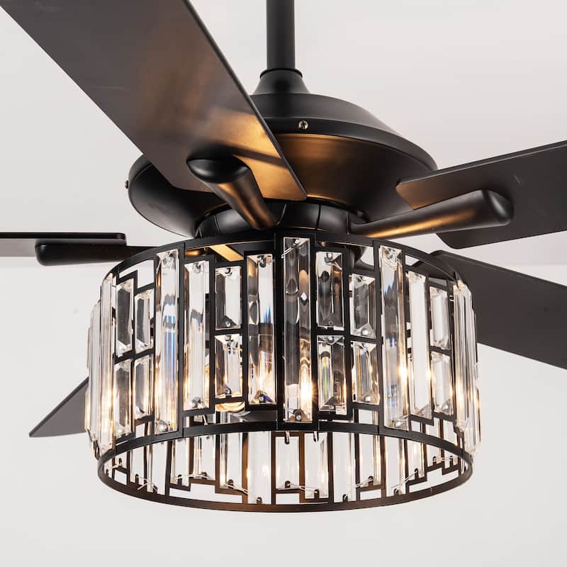 52" Matte Black Industrial Crystal Caged Downrod Mount Ceiling Fan with Remote and Light