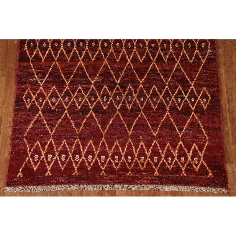 Hand Knotted Oriental 100% Wool Carpet Modern Tribal Red Moroccan Area Rug - 7' 8'' X 5' 7''