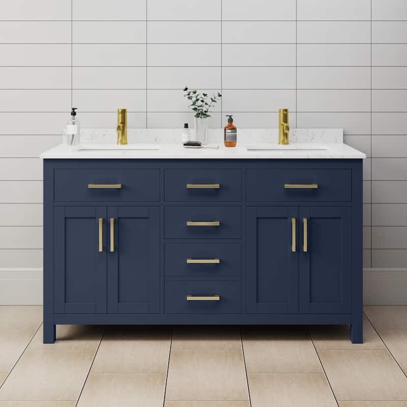 Wyndham Collection Beckett 60" Free Standing Double Basin Vanity Set - Dark Blue / Carrara Cultured Marble Top / Brushed