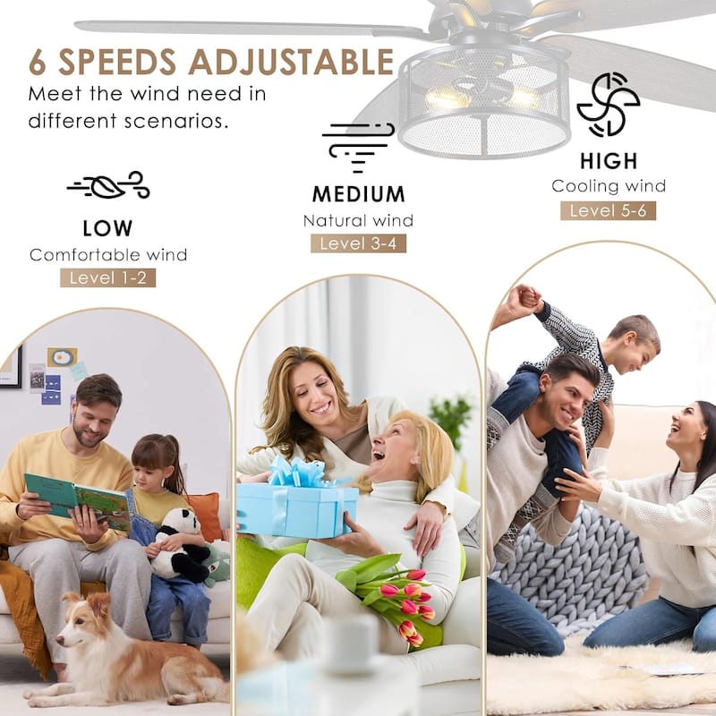 48"/56" Modern Caged Chandelier Ceiling Fan with Remote,Wood Grain Caged Fandelier DC Motor For Bedroom,Living Room