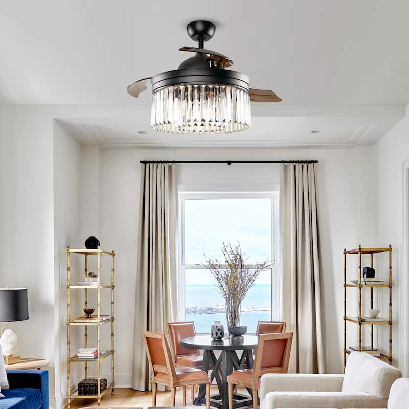 Modern 42" Black Crystal Retractable Ceiling Fan with Light Kit and Remote Control - 42 inches D x 14.5 inches H