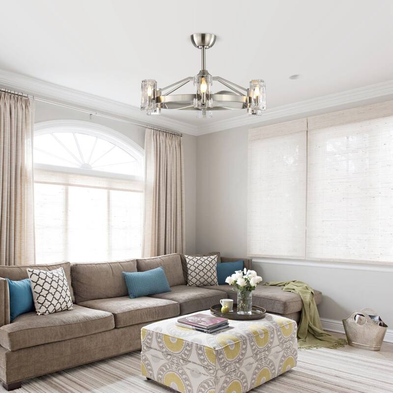 34" LED Indoor Satin Nickel Downrod Mount Chandelier Ceiling Fan with Light and Remote Control - 18.7 inches hight