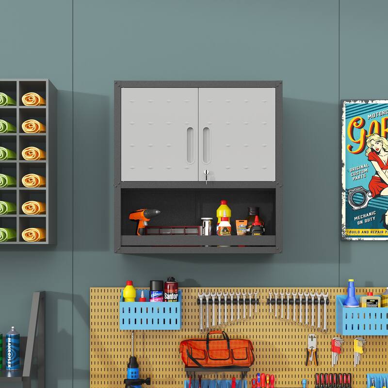 Grey Metal Wall Mounted Storage Cabinet with Locking Doors and Drawer for Home Office Garage - 29.5"W x 30.3"H x 11.8"D